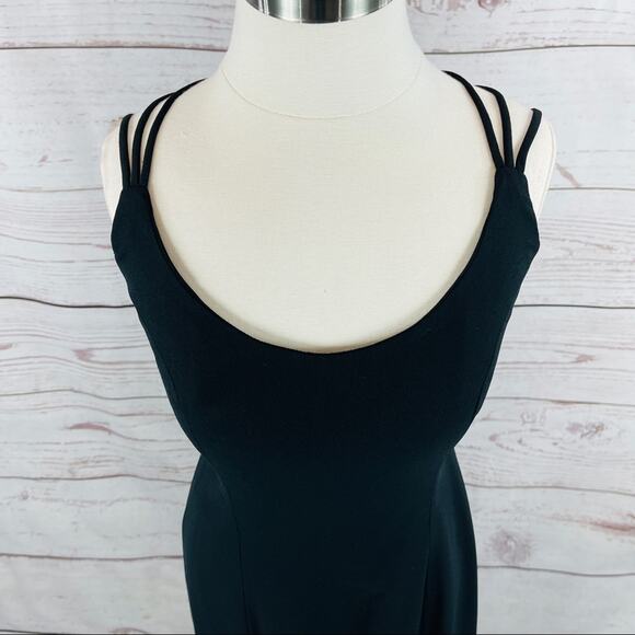 Cache vintage long black dress crisscross back silk front slit - Picture 5 of 13